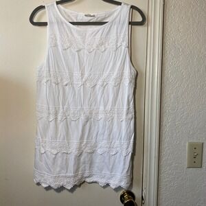 Talbots White Cotton Tank Top with Crochet Lace Trim - Women's Size L